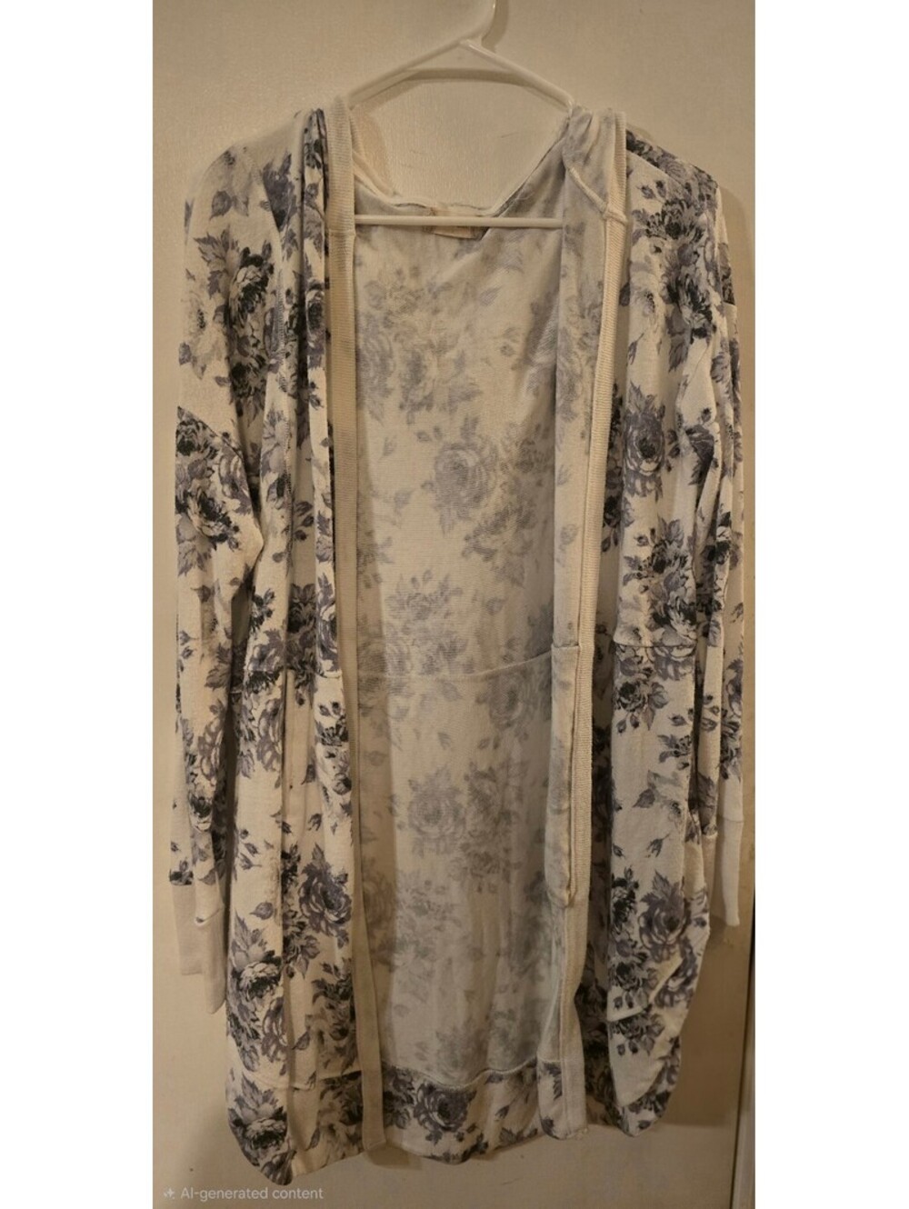 Floral Open-Front Long Cardigan - Cream and Gray